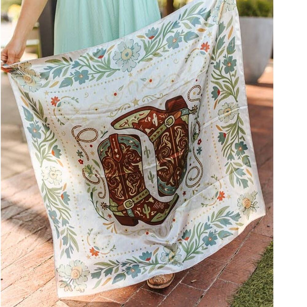 Ivory & Sage Cowgirl Boots Double-Sided Wild Rag — Western Scarf